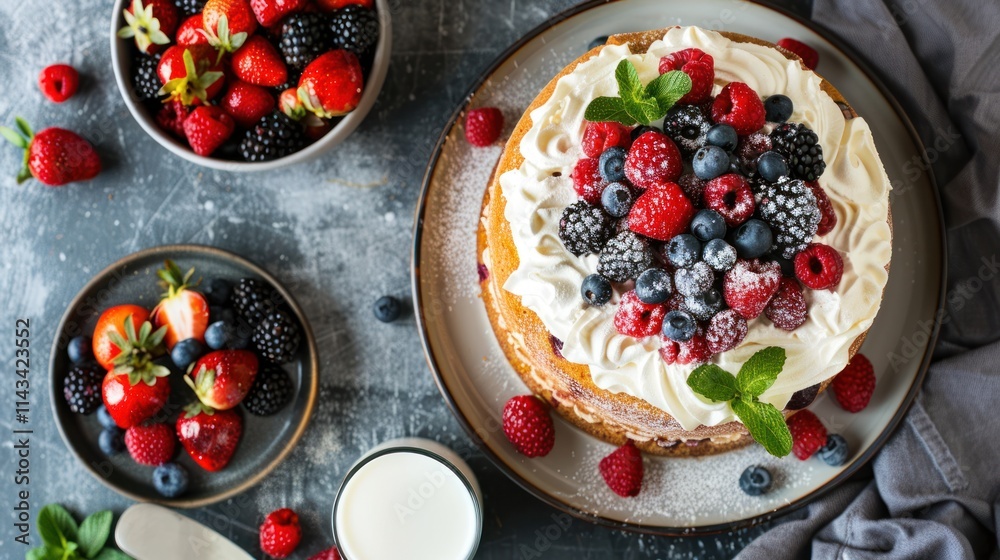 A plate of cake with berries and whipped cream, AI generated image A plate of cake with berries and whipped cream, AI generated image