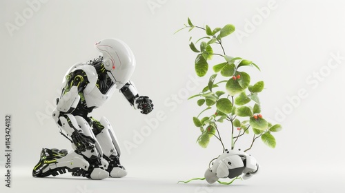 A bionic humanoid robot kneels, examining an organic plant growing in a white, minimalistic space, reflecting themes of respect for life and technological innovation. AI generated. photo