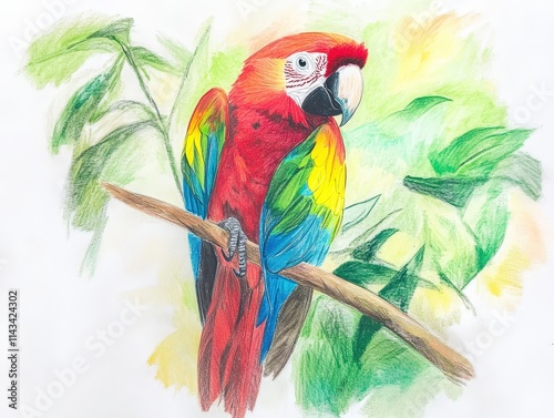 A colored pencil illustration of a scarlet macaw perched on a branch against a soft leafy background, featuring vivid red, yellow, and blue tones. Ideal for wildlife art projects. AI generated. photo