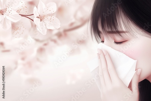 Seasonal allergy illustration: blooming plant, pollen spread, irritated eye, nasal discomfort, immune reaction, springtime issue, airborne allergen, sensitive response, sneezing symptom. photo