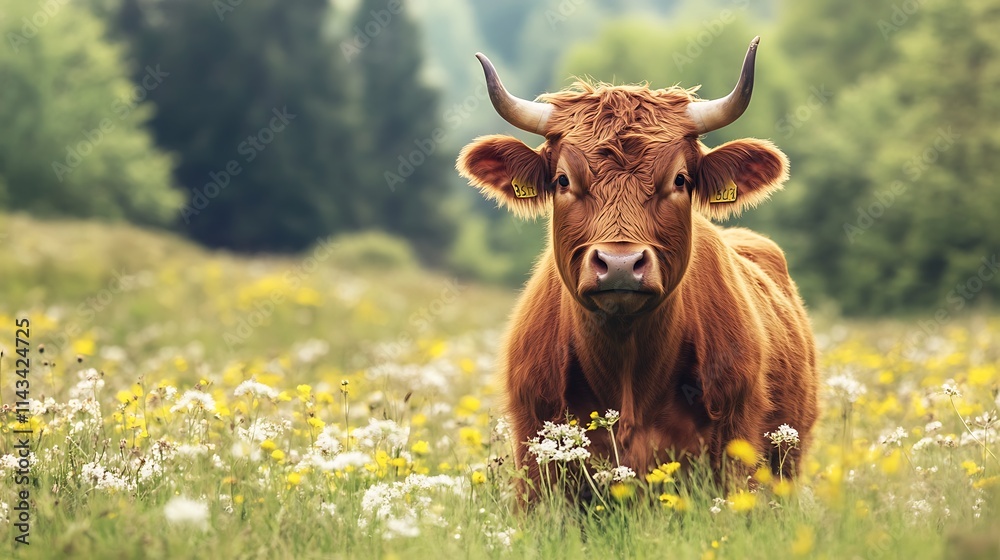 Brown Cow in a Meadow. Farm Animal in a Field of Flowers. Brown Cow in a Meadow. Farm Animal in a Field of Flowers.