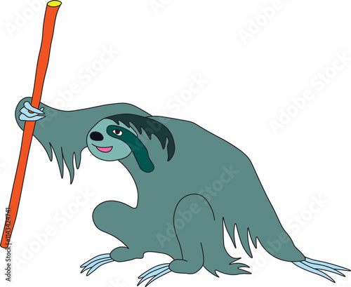 a contented sloth smiles sitting on the ground and holding a long stick in one hand