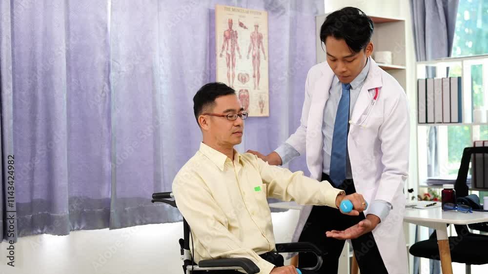 Elderly male patient uses dumbbells to exercise. A physical therapist helps an elderly Asian patient do physical therapy to stretch his muscles with a male doctor as an assistant. Elderly male patient uses dumbbells to exercise. A physical therapist helps an elderly Asian patient do physical therapy to stretch his muscles with a male doctor as an assistant.