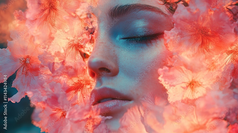 Serene Woman Portrait with Pink Flowers Serene Woman Portrait with Pink Flowers