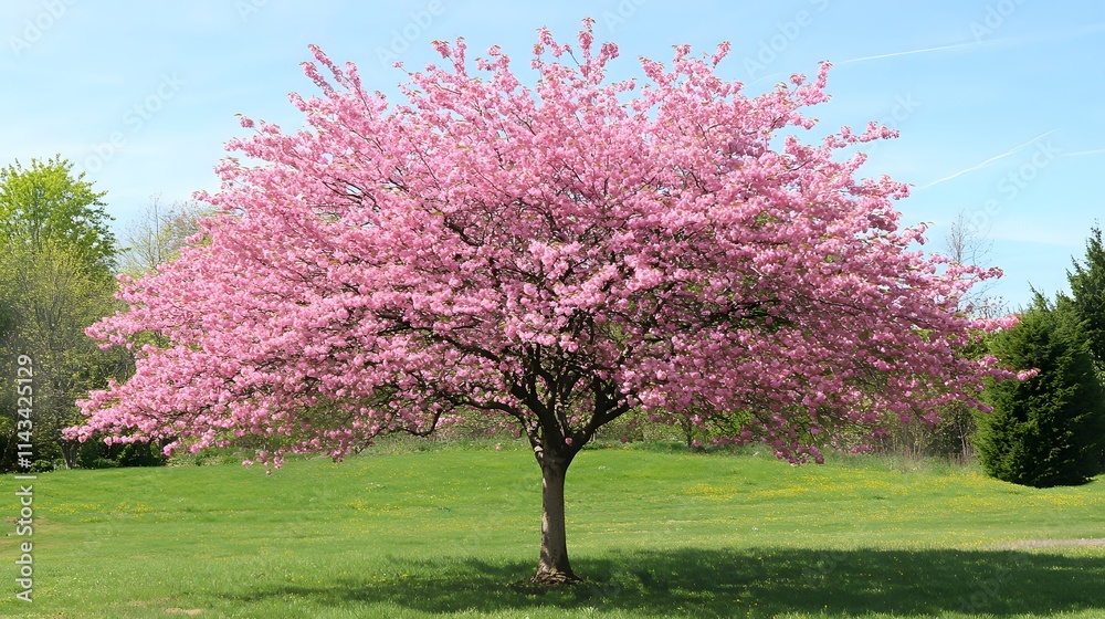 Pink flowering tree blossoms in a green field Pink flowering tree blossoms in a green field