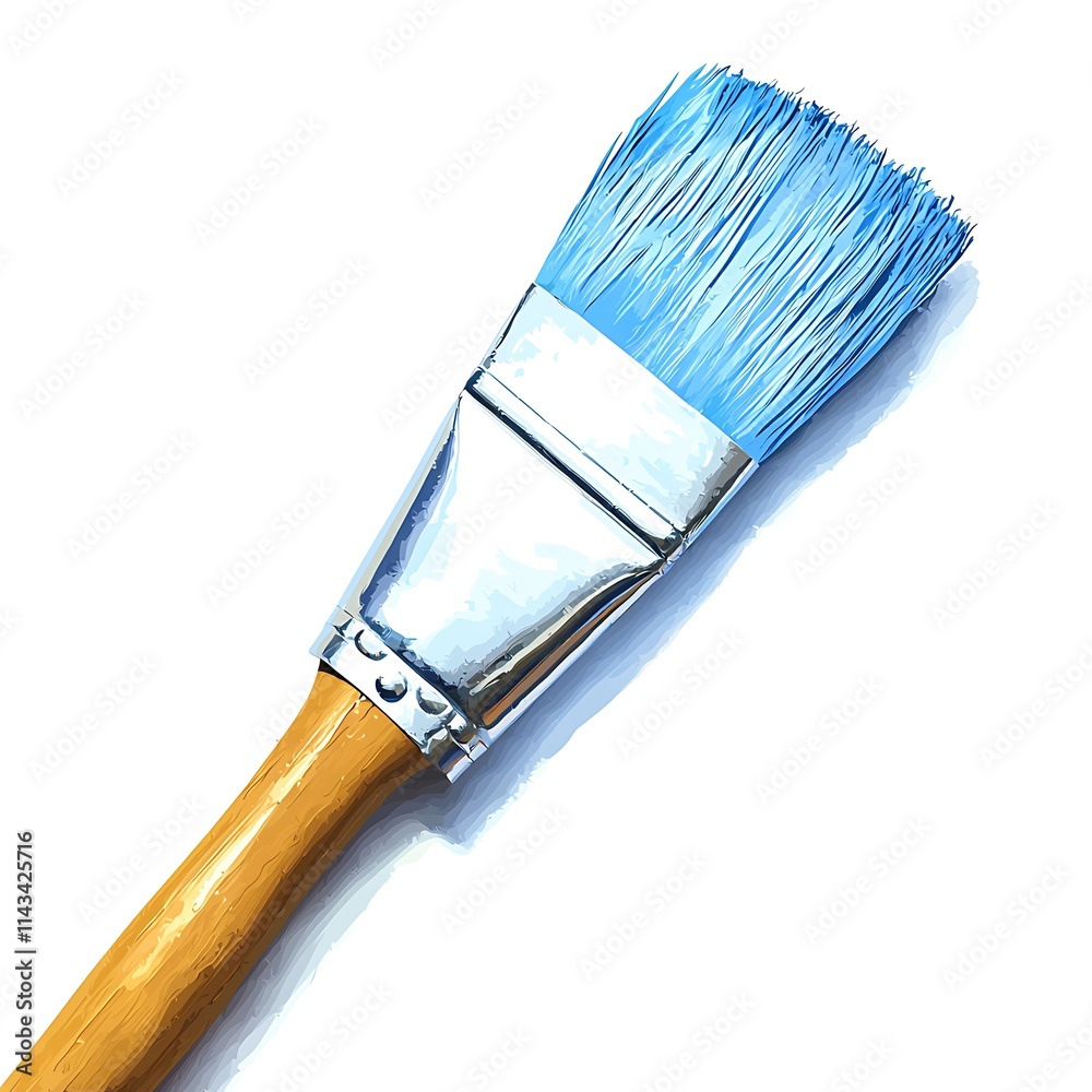 Close-up of a paintbrush with light blue bristles and a wooden handle, isolated on white background. Close-up of a paintbrush with light blue bristles and a wooden handle, isolated on white background.