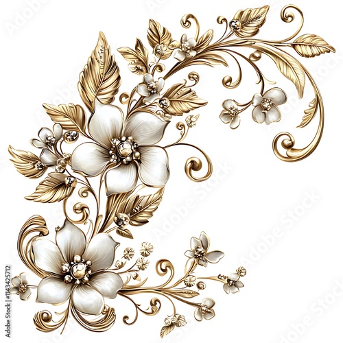 Wallpaper Mural Luxurious Golden Floral Ornament with White Porcelain Flowers and Pearls. Torontodigital.ca