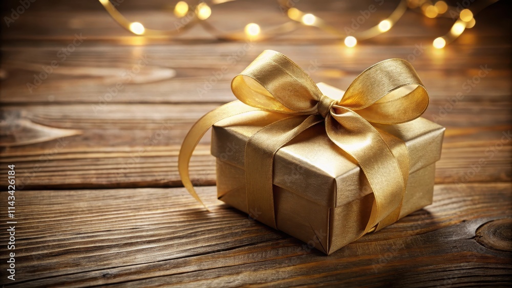 Elegant gold ribbon tied around a decorative gift box on a elegant wooden background with soft focus effect, bow Elegant gold ribbon tied around a decorative gift box on a elegant wooden background with soft focus effect, bow