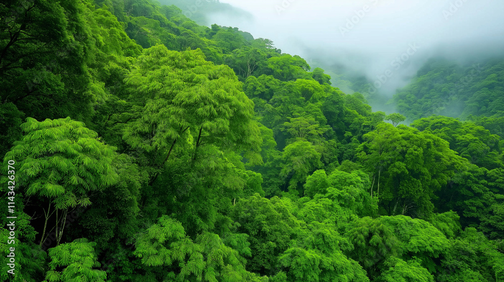 a lush broadleaf forest with deciduous trees.