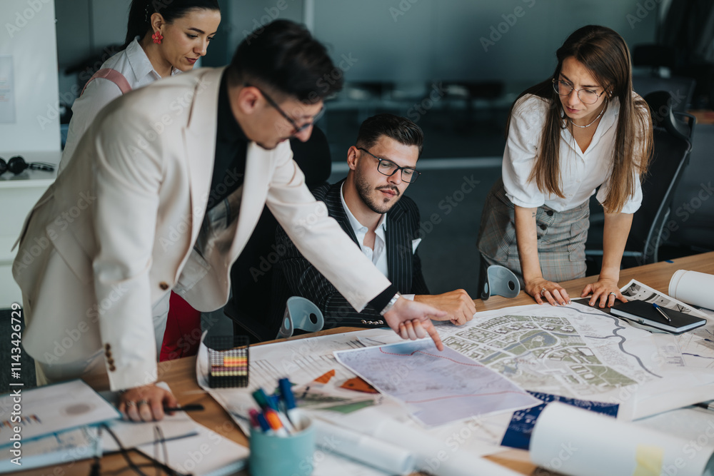 A project leader and team discuss an architectural design, examining maps and plans together in a modern office. Teamwork and collaboration drive their creative process. A project leader and team discuss an architectural design, examining maps and plans together in a modern office. Teamwork and collaboration drive their creative process.