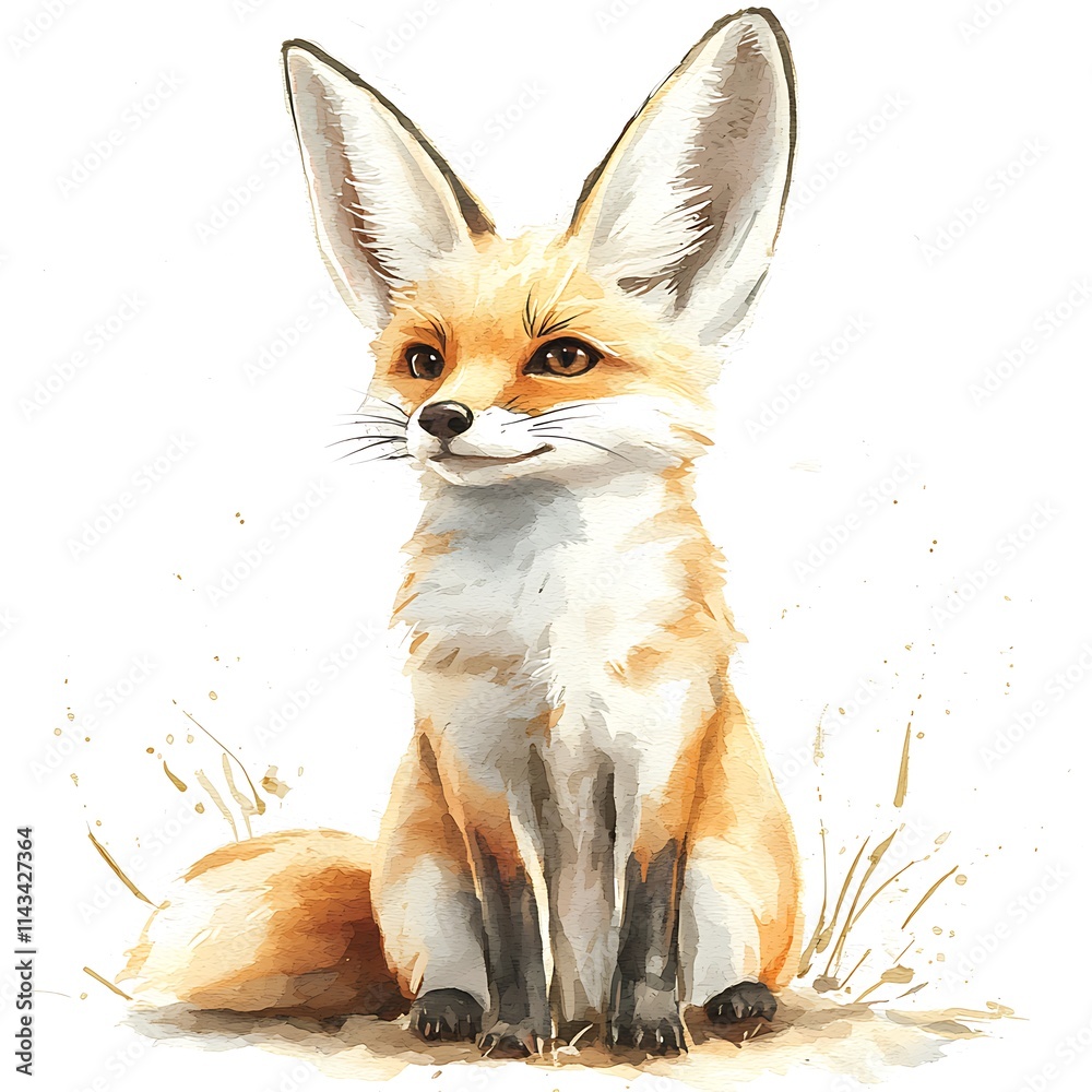 Obraz premium Watercolor Painting of an Adorable Fennec Fox Sitting in the Grass.