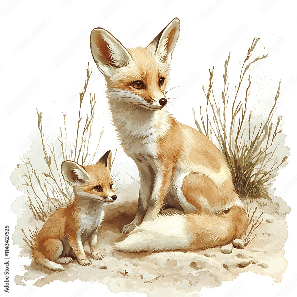 Fototapeta premium A mother Fennec fox and her kit resting in the desert.
