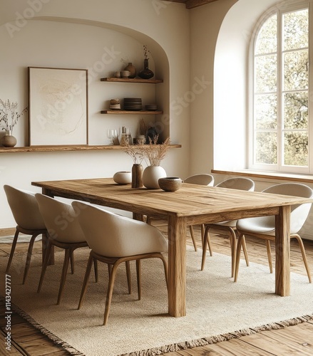 Cozy Scandinavian Dining Room with Natural Light and Wooden Furniture photo