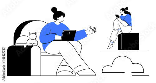 Two individuals interacting remotely one seated on a sofa with a laptop, a cat beside, and the other on a platform using a smartphone. Ideal for remote work, online communication, social distancing