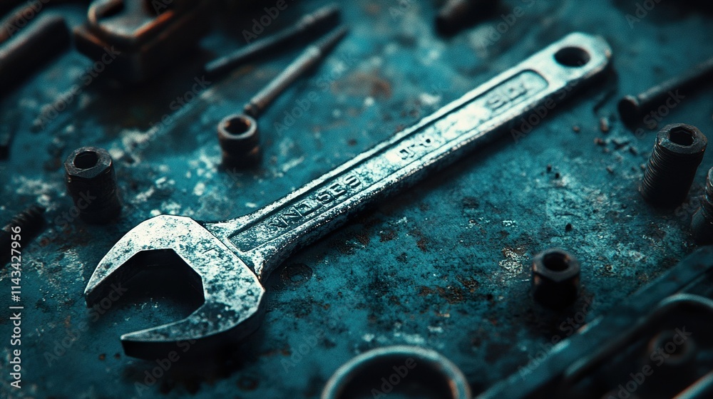 Rusty Wrench on a Weathered Metal Surface Rusty Wrench on a Weathered Metal Surface