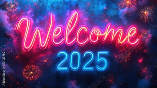 Neon "Welcome 2025" sign against fireworks.