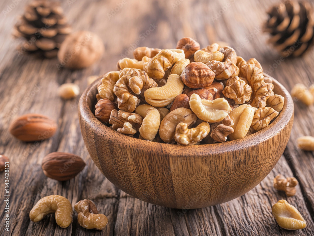 A Wooden Bowl with a Blend of Walnuts and Cashews A Wooden Bowl with a Blend of Walnuts and Cashews