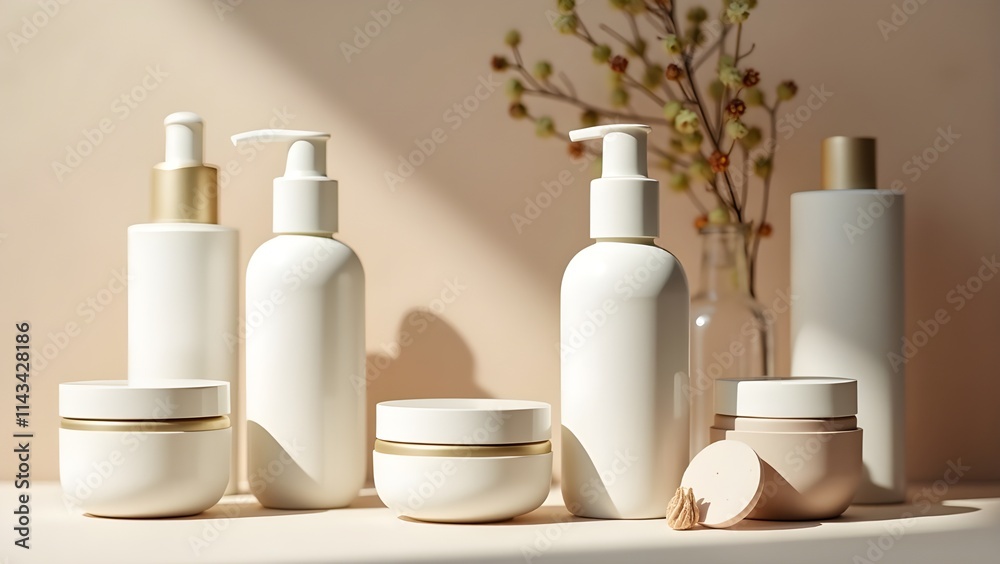 A display of organic beauty products with clean and minimalist designs in a boutique A display of organic beauty products with clean and minimalist designs in a boutique