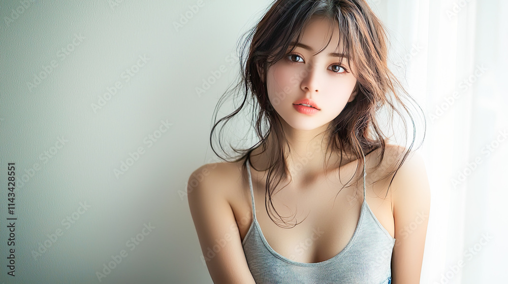 キャミソール姿の若いアジア人女性 キャミソール姿の若いアジア人女性