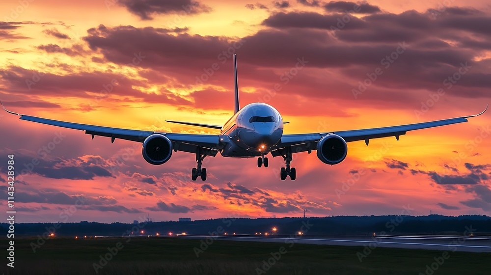 Airplane Landing at Sunset. Concept of Travel, Transportation, and Journey. Airplane Landing at Sunset. Concept of Travel, Transportation, and Journey.