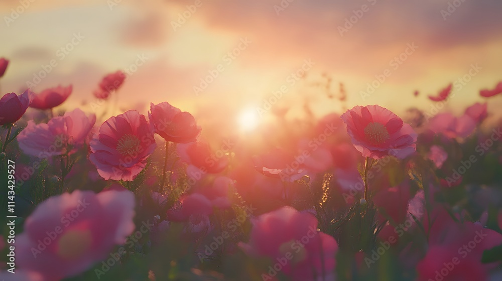Pink Poppies Blooming at Sunset in a Field Pink Poppies Blooming at Sunset in a Field