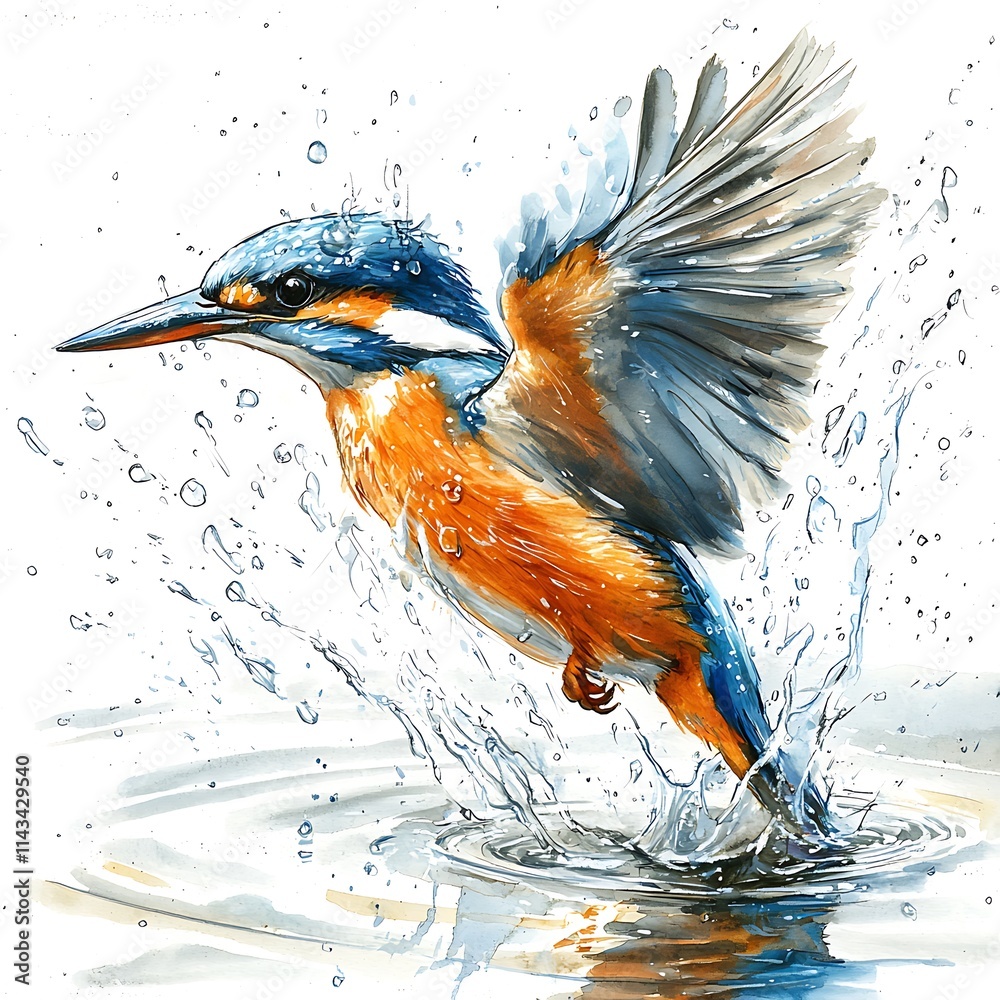 Fototapeta Vibrant Watercolor Painting of a Kingfisher Diving into Water.