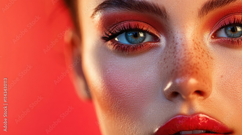 Close-up of woman's face with red makeup and freckles. Close-up of woman's face with red makeup and freckles.