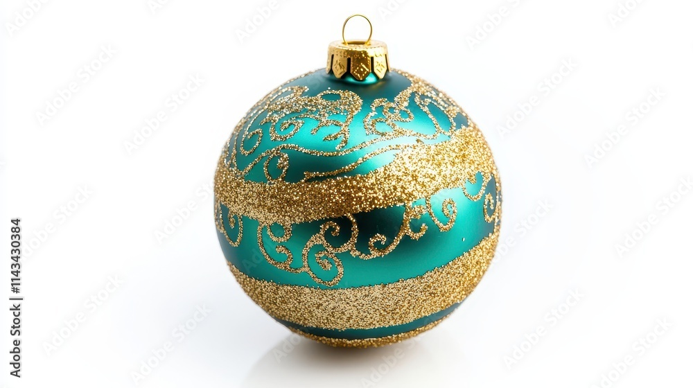 A gold and green Christmas ball isolated on a white background A gold and green Christmas ball isolated on a white background