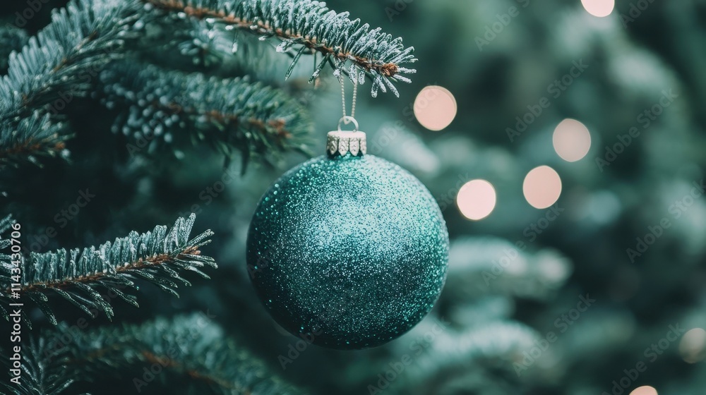 A green ornament hangs from a Christmas tree A green ornament hangs from a Christmas tree