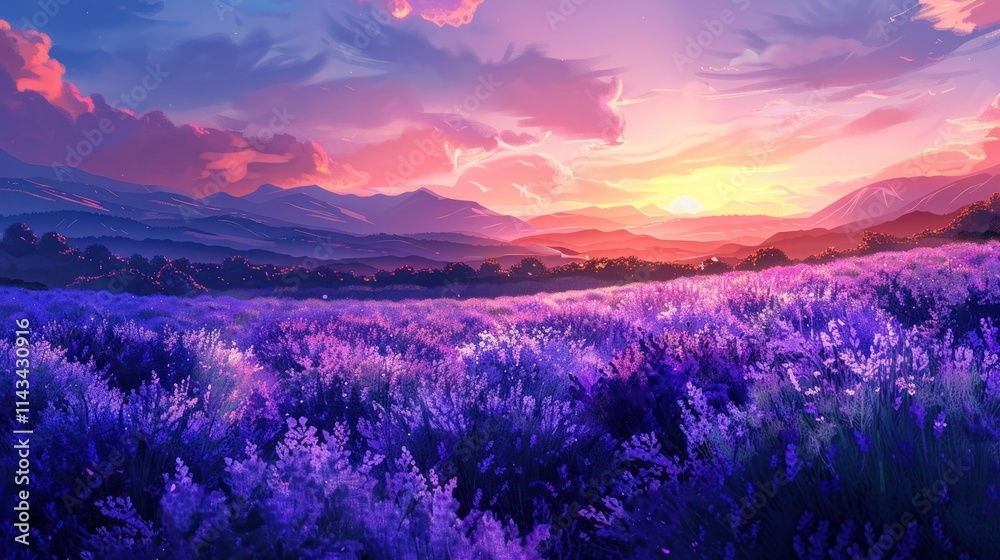Stunning landscape of a lavender field in full bloom set against the backdrop of a dramatic mountain range at sunset The vibrant purple hues of the flowers contrast beautifully with the warm Stunning landscape of a lavender field in full bloom set against the backdrop of a dramatic mountain range at sunset The vibrant purple hues of the flowers contrast beautifully with the warm