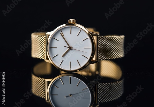 Minimalist solid gold and white-faced watch with a thin metallic mesh band, product photography on a black background photo