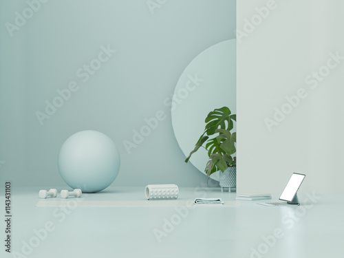 Sport fitness equipment, yoga mat, Kettlebell, dumbbells,plant pot, laptop on pastel blue green background. Trendy 3d render for fitness, lifting in the gym, gym at home.	
