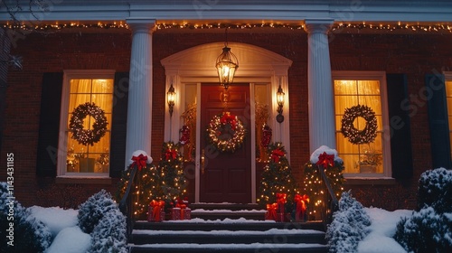a house decorated for christmas with wreaths and lights on the front door and wreaths on the side of the door.