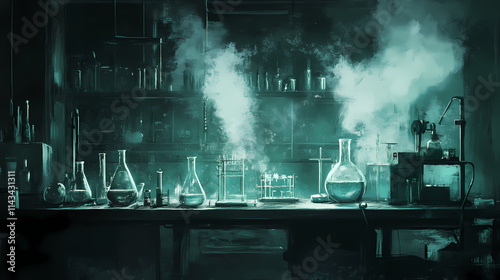 A dark and ominous laboratory scene featuring hazardous chemical waste, broken beakers, and poisonous fumes,. Mephitic. Illustration photo