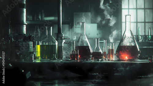 A dark and ominous laboratory scene featuring hazardous chemical waste, broken beakers, and poisonous fumes,. Mephitic. Illustration