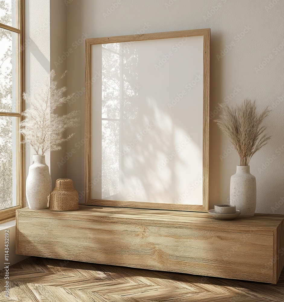 Scandinavian Living Room Interior with Mockup Frame and Wooden Cabinet Scandinavian Living Room Interior with Mockup Frame and Wooden Cabinet