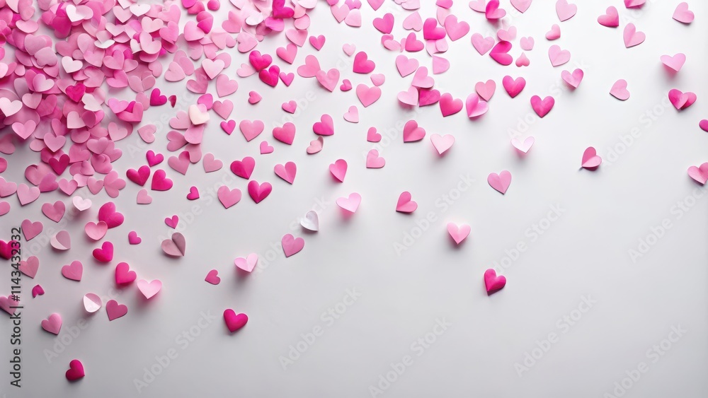 Confetti scattered on a white background with pink paper hearts floating gently in the air , party, decoration Confetti scattered on a white background with pink paper hearts floating gently in the air , party, decoration