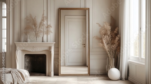 A large, full-length mirror with a brass frame, standing on the floor in front of a fireplace and bedroom door. The light wood floors and modern home decor.