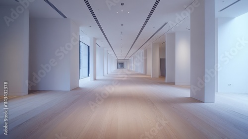 A large room with white walls and wooden floors. The room is empty and has a clean  minimalist look