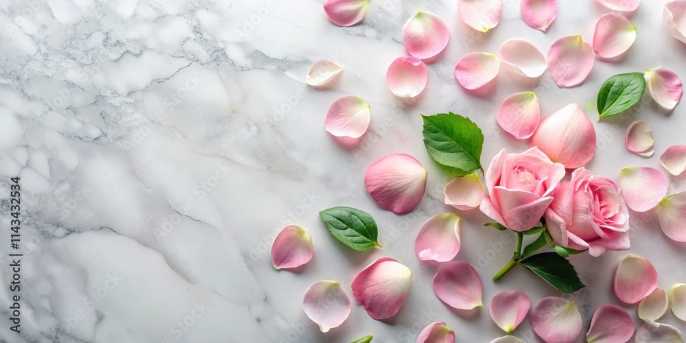 Obraz premium Soft pink rose petals scattered on a white marble surface, with a few fresh green leaves in the corner
