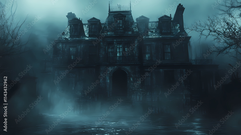 Dark and foreboding haunted mansion with creepy door and window mood/style, using dark shadows and mist technical, and with a spooky and ominous concept. Mephitic. Illustration Dark and foreboding haunted mansion with creepy door and window mood/style, using dark shadows and mist technical, and with a spooky and ominous concept. Mephitic. Illustration