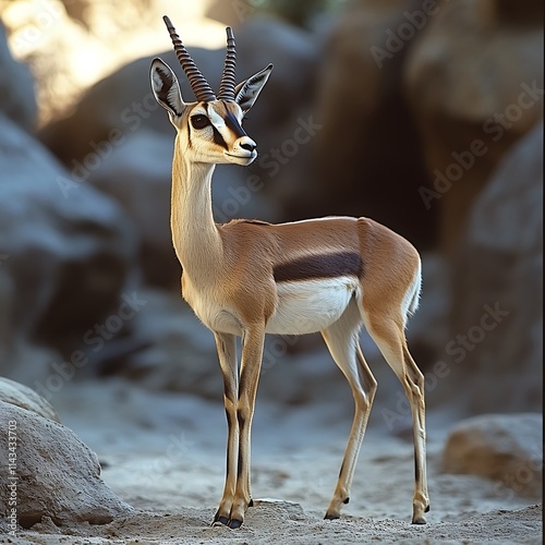 Majestic Arabian gazelle standing gracefully in a rocky desert landscape.