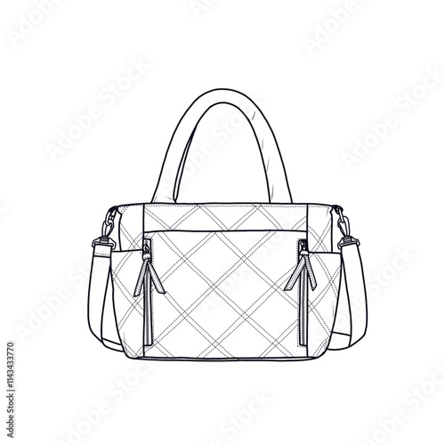 Puffer tote bag for women with zipper, crossbody bag, quilted tote bag with compartments line art. Flat sketch fashion illustration drawing template mock-up.
