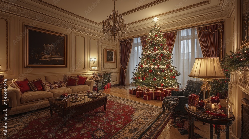 A pleasant living area with a chrismas decorations, a Christmas tree that has been decorated, and a variety of holiday accents A pleasant living area with a chrismas decorations, a Christmas tree that has been decorated, and a variety of holiday accents