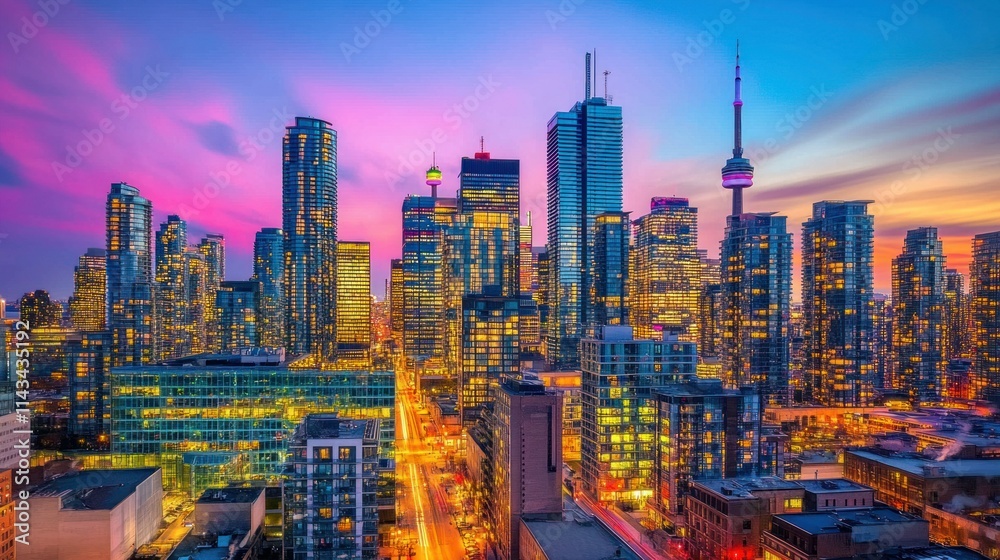 Obraz premium Business skyscrapers rise high in Financial District as the sun sets, casting a golden glow over the glass towers. The vibrant skyline reflects Toronto's position as a global financial hub.
