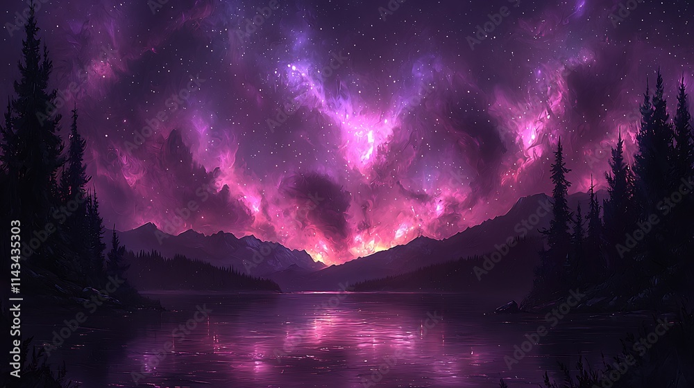 Purple Nebula Over Serene Mountain Lake and Forest Purple Nebula Over Serene Mountain Lake and Forest