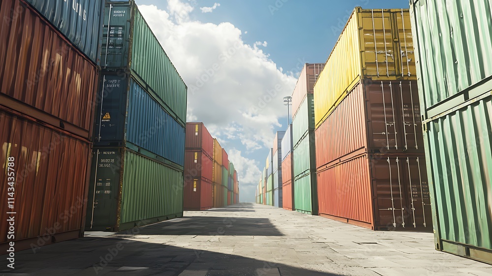 Fototapeta premium A row of colorful shipping containers are stacked in a warehouse