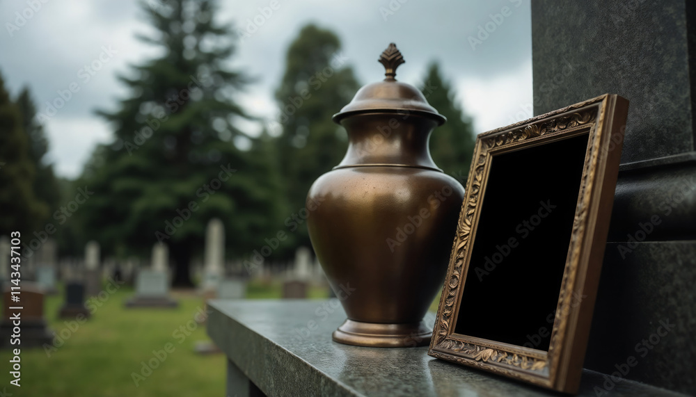 Bronze urn with a photo frame at a cemetery, calm and melancholic scene.Cemetery decor, funeral urn, remembrance, peaceful mourning, sympathy card, death, memorial, grief, spiritual reflection.
Bronze urn with a photo frame at a cemetery, calm and melancholic scene.Cemetery decor, funeral urn, remembrance, peaceful mourning, sympathy card, death, memorial, grief, spiritual reflection.