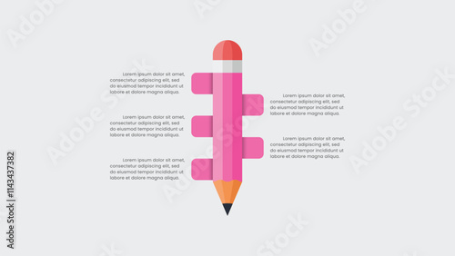 3D pink education pencil infographic with 5 options or steps.