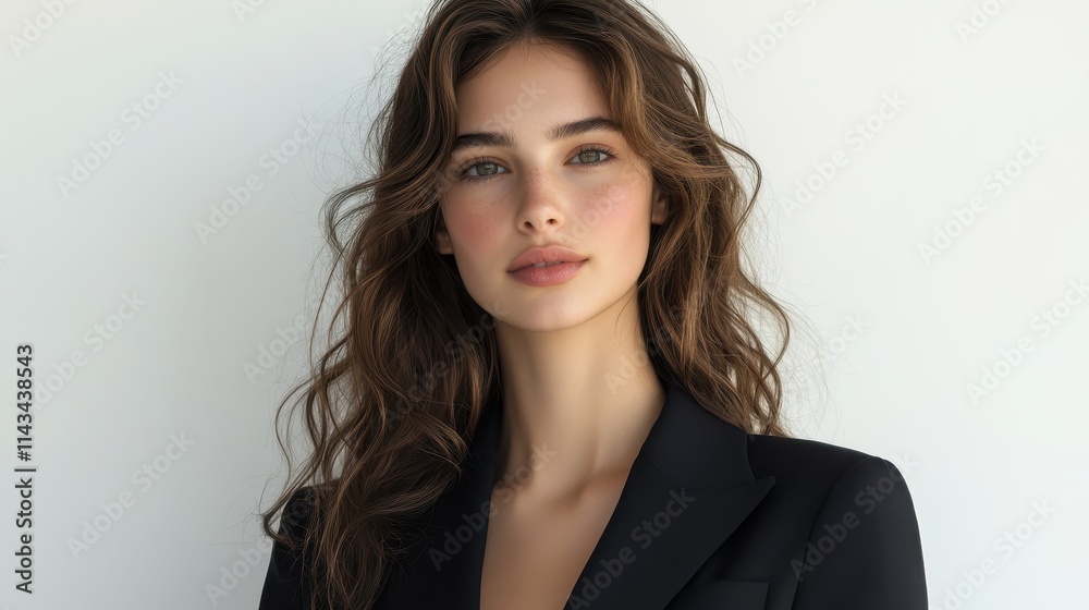 A tailored, sleek blazer hugs the form beautifully, presented on a model against a pristine white backdrop for a fresh aesthetic. A tailored, sleek blazer hugs the form beautifully, presented on a model against a pristine white backdrop for a fresh aesthetic.